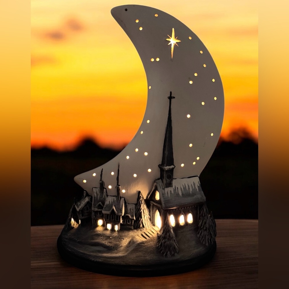 Vintage Ceramic Winter/ Christmas Crescent Moon/Church/Town/Stars Night Light
